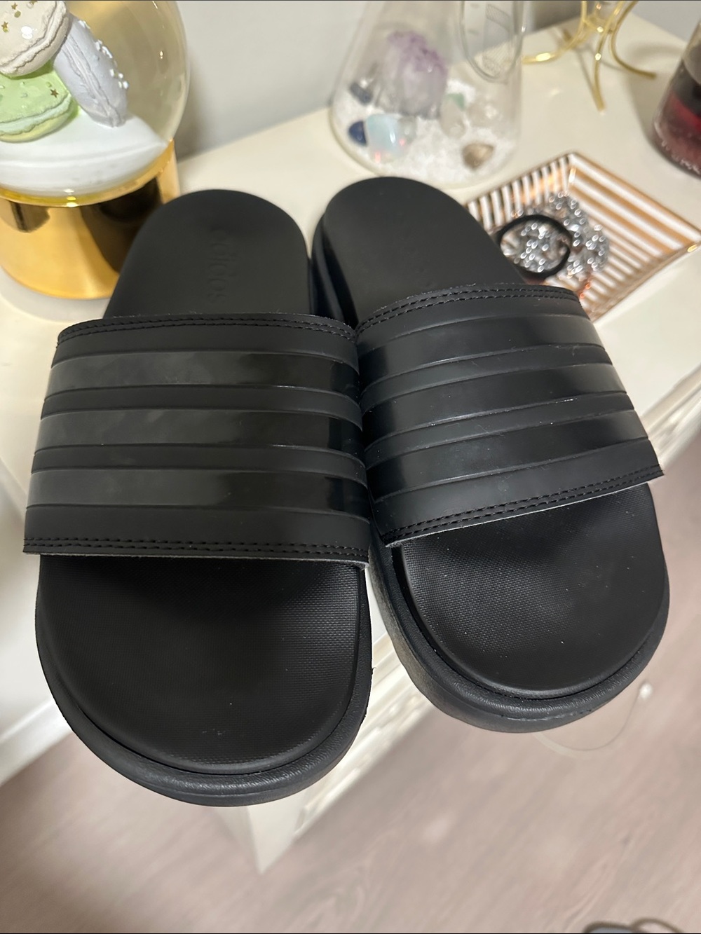 adidas Women's Black Ribbed Slide Sandals